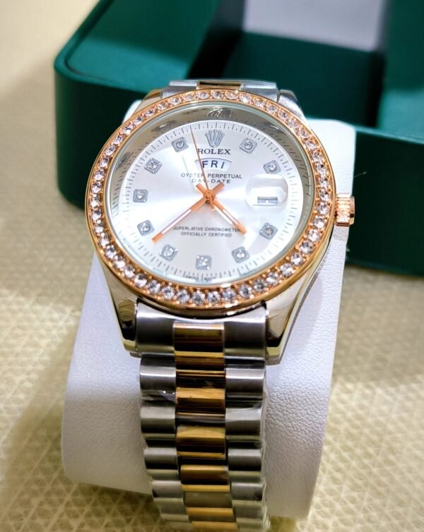 Rolex White Dial Stone Bezel Day & Date - Image 3