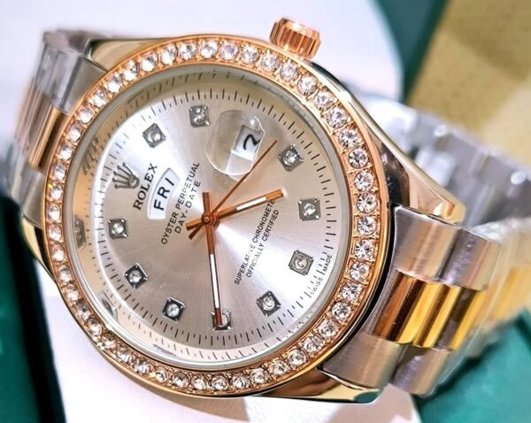 Rolex White Dial Stone Bezel Day & Date - Image 2