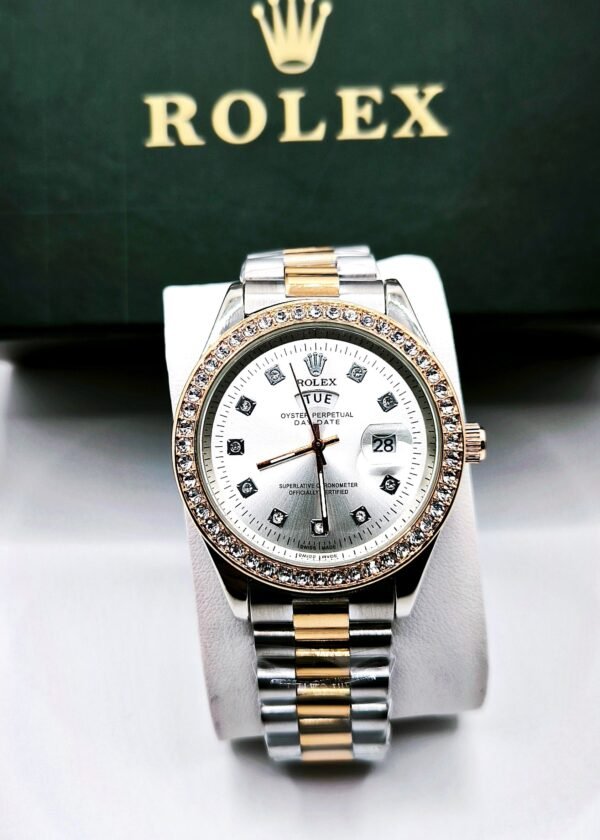 Rolex White Dial Stone Bezel Day & Date - Image 2