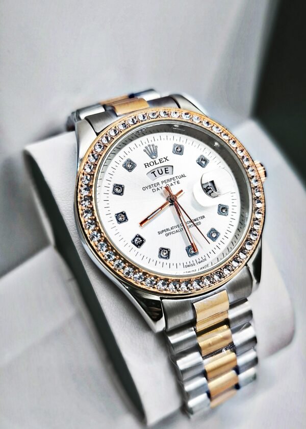Rolex White Dial Stone Bezel Day & Date