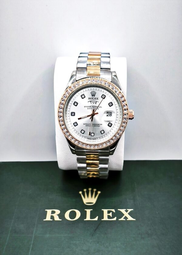 Rolex White Dial Stone Bezel Day & Date - Image 4