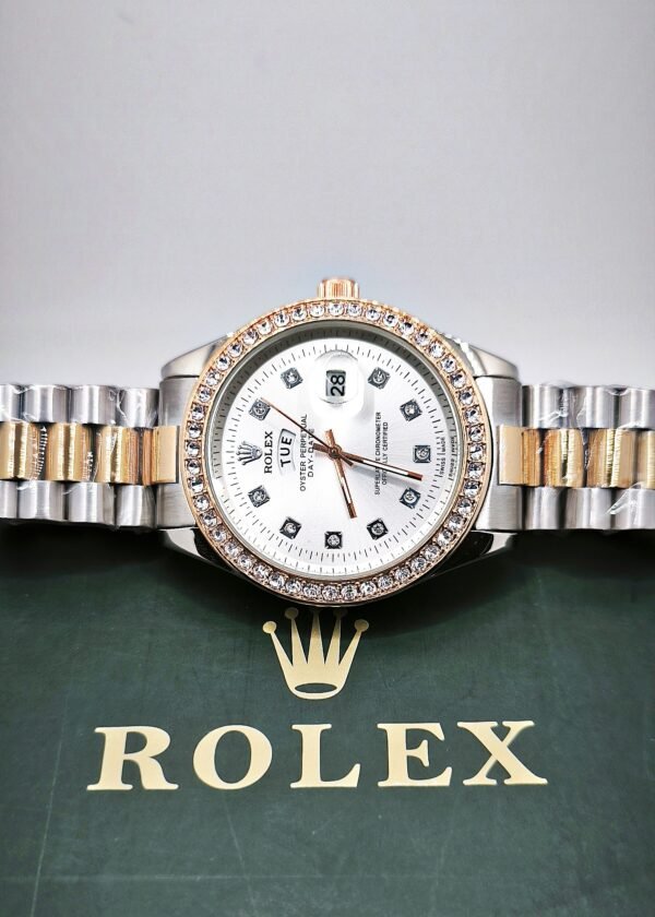 Rolex White Dial Stone Bezel Day & Date - Image 3
